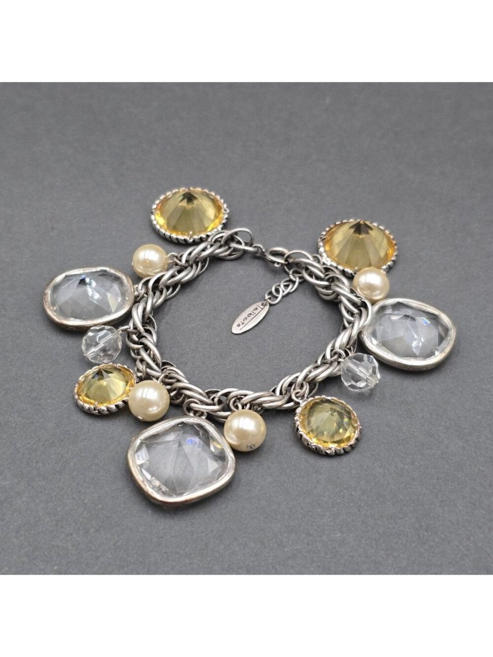 Talbots Silver Tone Chunky Charm Bracelet 7.25" Lucite Faux Pearl Statement - Picture 1 of 14